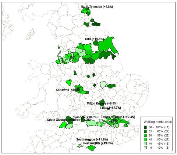 Actual walking mode share by Local Authority